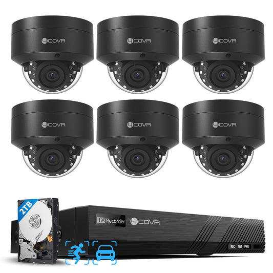 4COVR PoE Security Camera System, 6X 8MP IK10 Vandal-Proof Commercial Wired PoE IP Dome Camera IP67, AI Human Vehicle Detection, 8 Channel 4K NVR 2TB