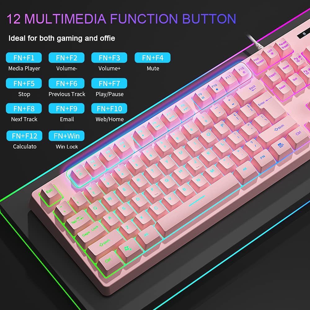 LORERAN Gaming Keyboard and Mouse Combo Pink, Gaming Keyboard LED Colorful Lights Backlit Wired Pink Keyboard Kawaii and Cute Keyboard Adjustable