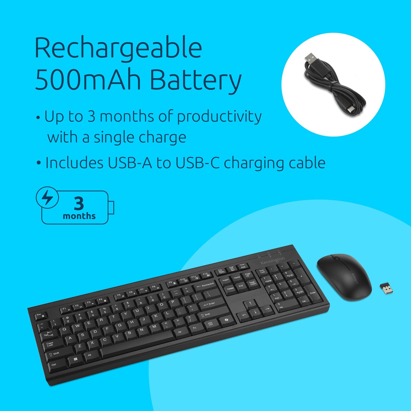 Kensington KM270 EQ Rechargeable Bluetooth Keyboard & Mouse Desktop Set, 2.4GHz & Bluetooth 5.0 Wireless Connection (K75560NA)