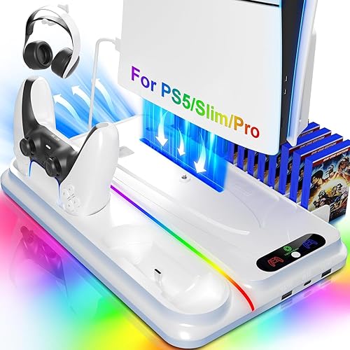 PS5 Cooling Station for PS5/Slim/Pro Disc Digital Console,PS5 Fan Cooling Fan with Dual PS 5 Controller Charger,3 Level Fan, RGB Light,12 Slot