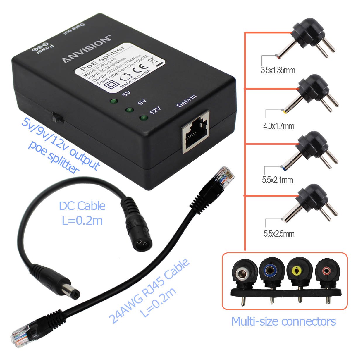 ANVISION Active Gigabit PoE Splitter Adapter with Multi-Size Tips, IEEE 802.3af Compliant, DC 5V 9V 12V Power Output, for IP Camera AP Voip Phone
