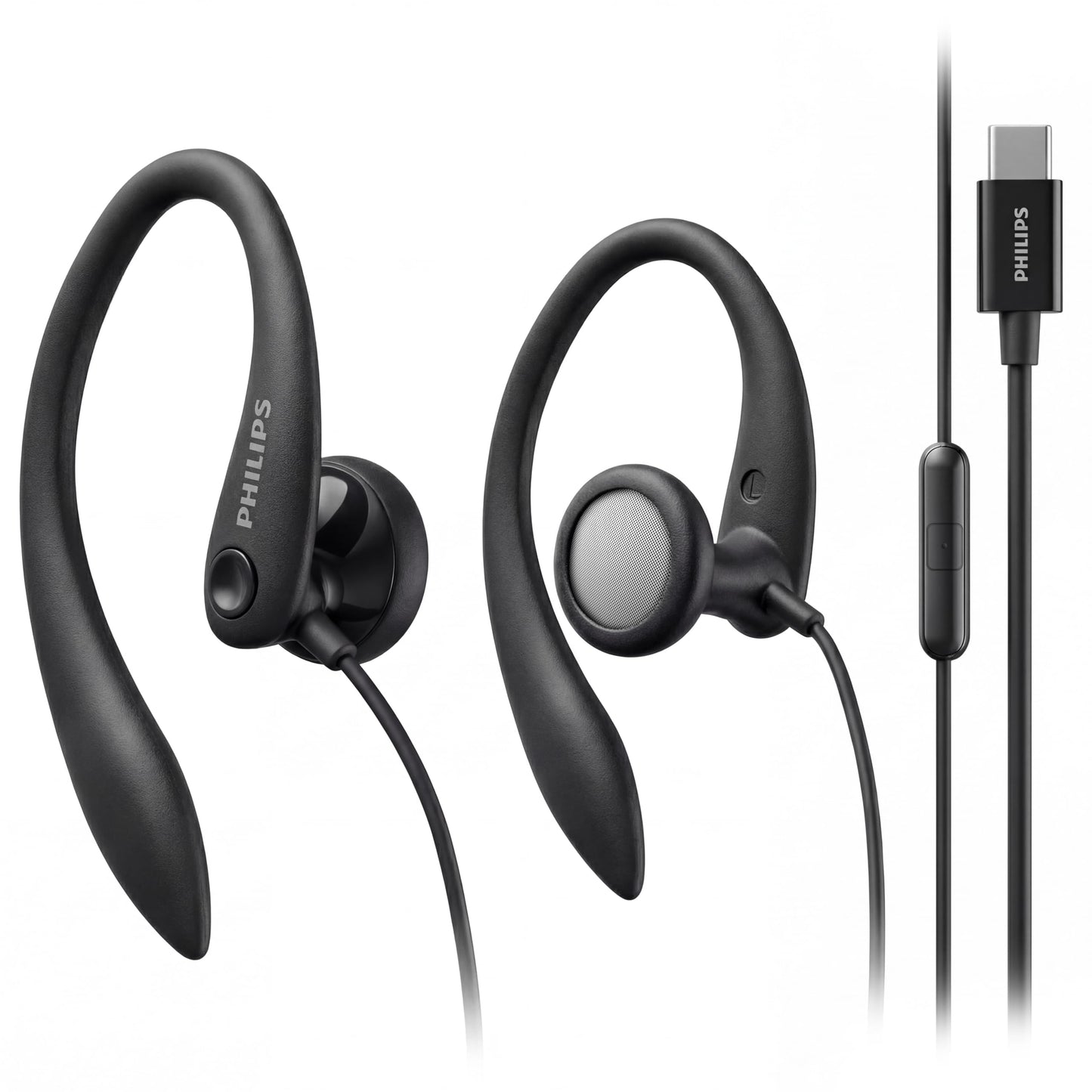 PHILIPS USB-C Wired Earbuds with Microphone, Secure Fit Over-Ear Sport Earhooks, Deep Bass 15mm Drivers, in-Line Controls, Plug-and-Play USB-C