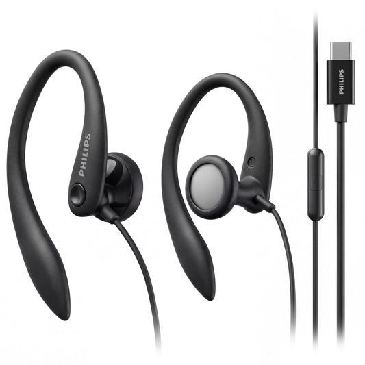 PHILIPS USB-C Wired Earbuds with Microphone, Secure Fit Over-Ear Sport Earhooks, Deep Bass 15mm Drivers, in-Line Controls, Plug-and-Play USB-C