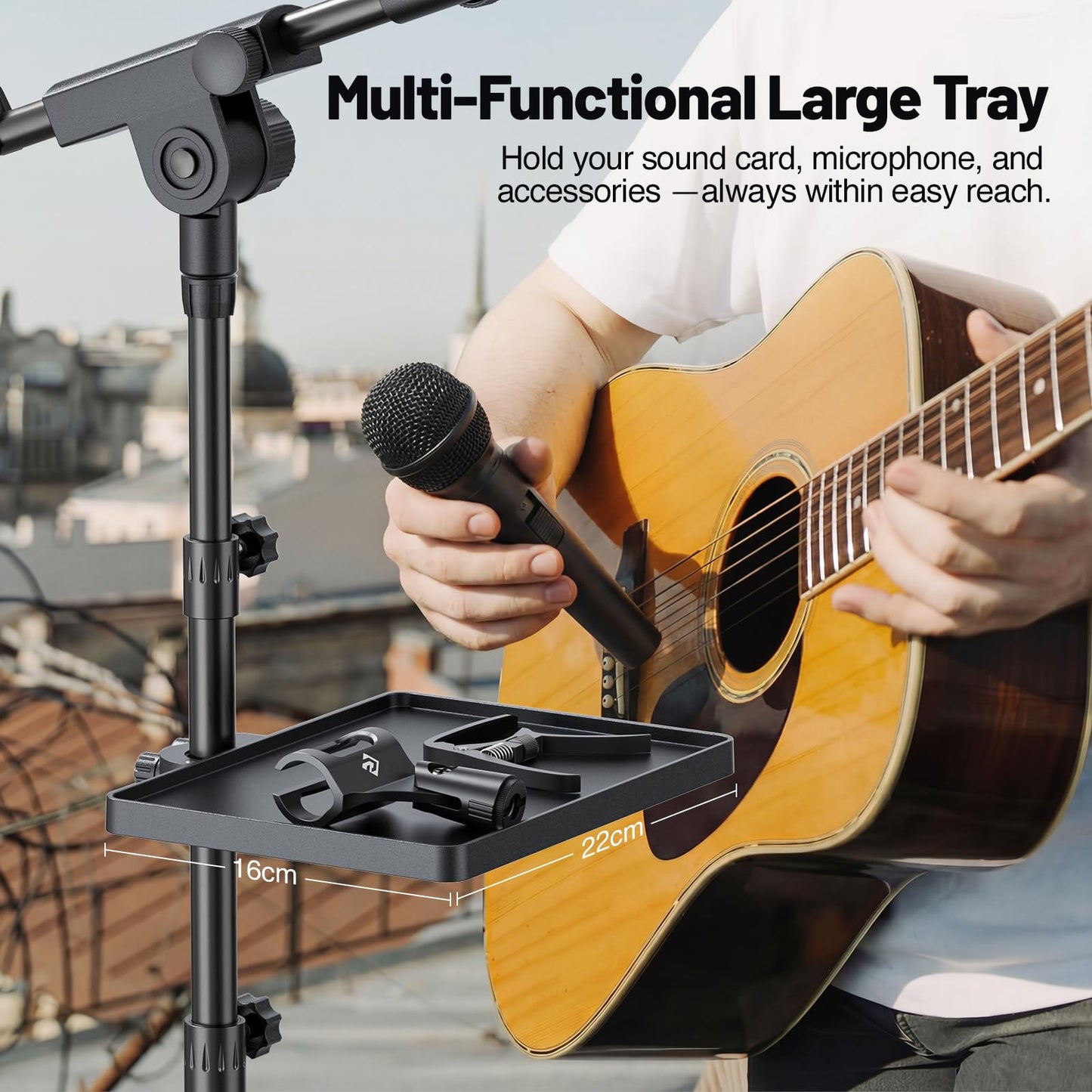 PHENYX PRO Microphone Stand with 22x16cm Large Tray, Adjustable Stand Height, Dual Mic Clips & Carrying Bag, Ideal for Live Streaming, Recording, and