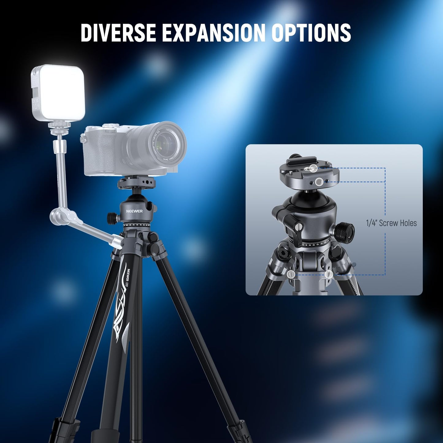 NEEWER LITETRIP LT07 61" Aluminum Travel Tripod Stand for Camera with Pan Tilt Low Profile Ball Head, Arca QR Plate Compatible with PD, Dual Center