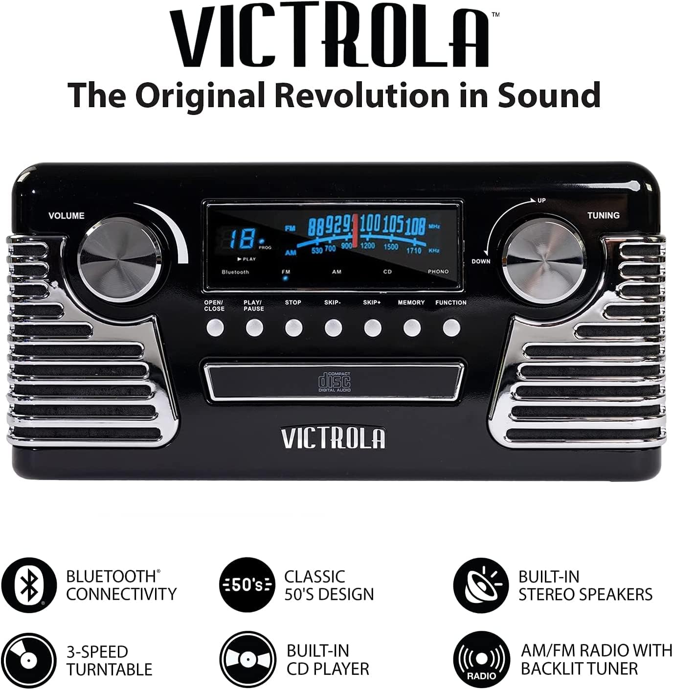 Victrola Haley Retro Bluetooth Record Player & Multimedia Center with Built-in Speakers - 3-Speed Turntable, CD Player, AM/FM Radio, 3.5mm Aux-In