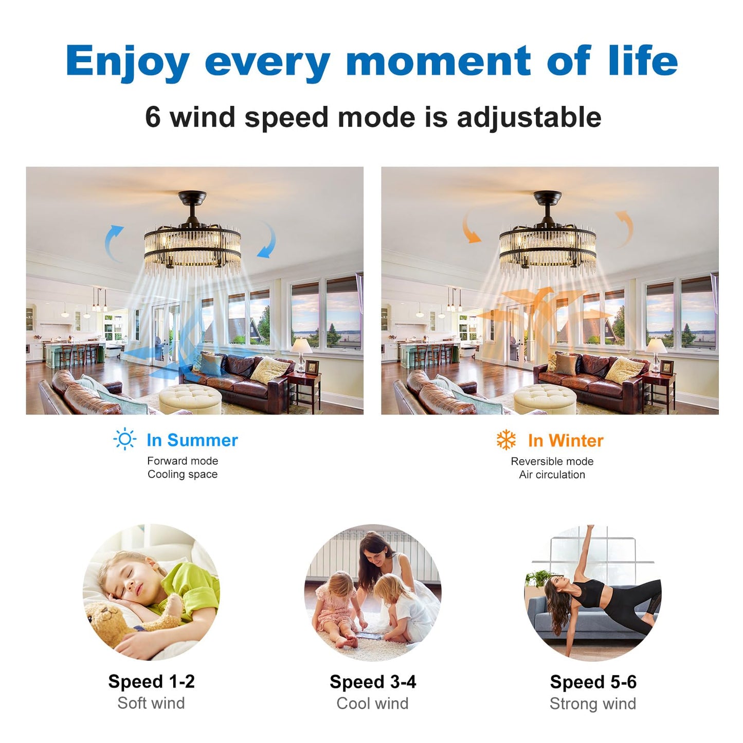 HSMKL Black Crystal Fandelier Ceiling Fan with Light, 19.7 Inch Bladeless Enclosed Fan Chandelier, 6 Speed Quiet DC Motor with Remote/APP Control,