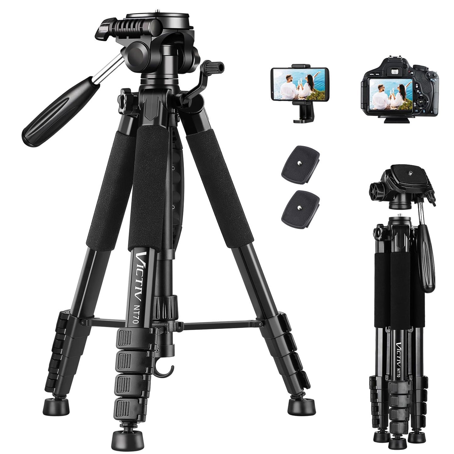 VICTIV 74” Camera Tripod, Tripod for Camera and Phone, Aluminum Professional Tripod Stand for Canon Nikon with Carry Bag and Phone Holder, Compatible