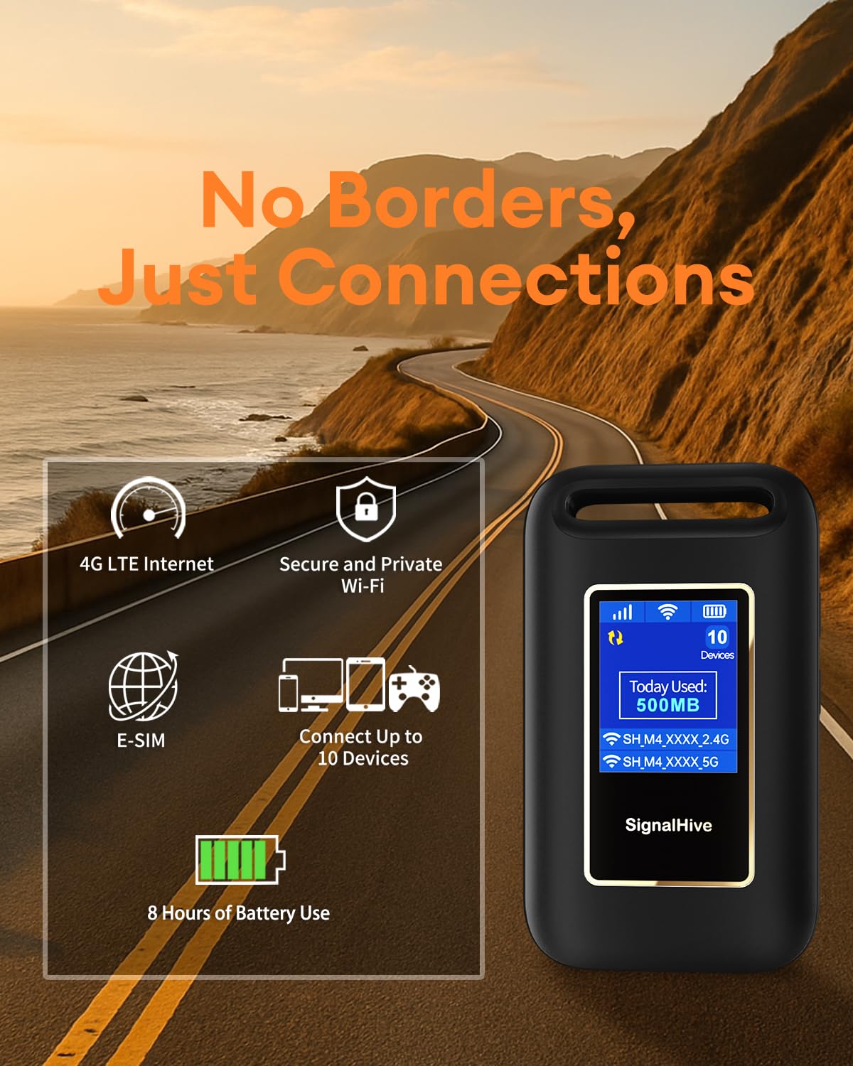 SIGNALHIVE 4G LTE Mobile Hotspot(1GB of Monthly Data), Security, No SIM Card, 8hrs Battery Life, Up to 10 Devices, Portable WiFi Hotspot for Travel