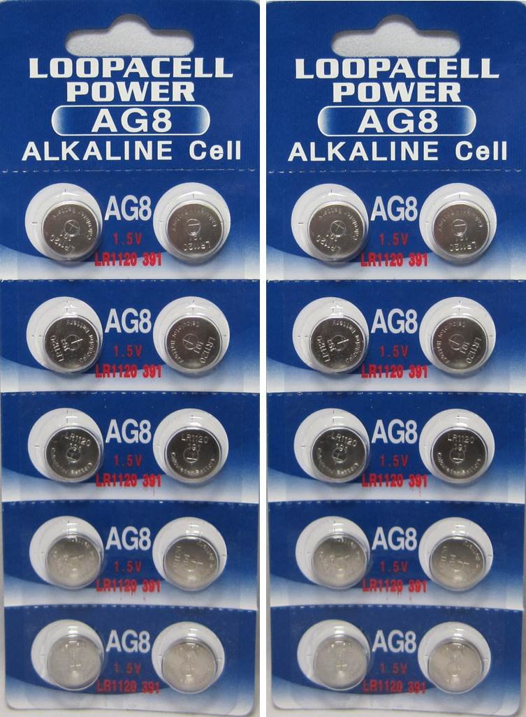 LOOPACELL 20 AG8 / LR55 / LR1120 Alkaline Button Cells, 1.5V, 10 Pieces per Card
