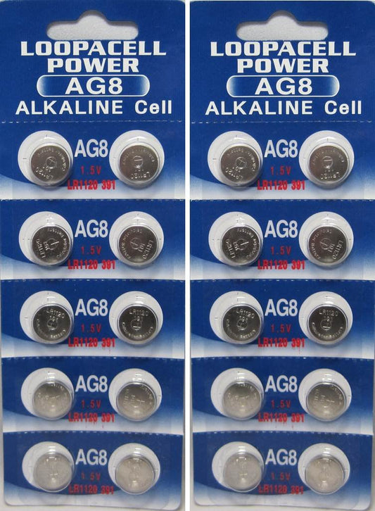 LOOPACELL 20 AG8 / LR55 / LR1120 Alkaline Button Cells, 1.5V, 10 Pieces per Card