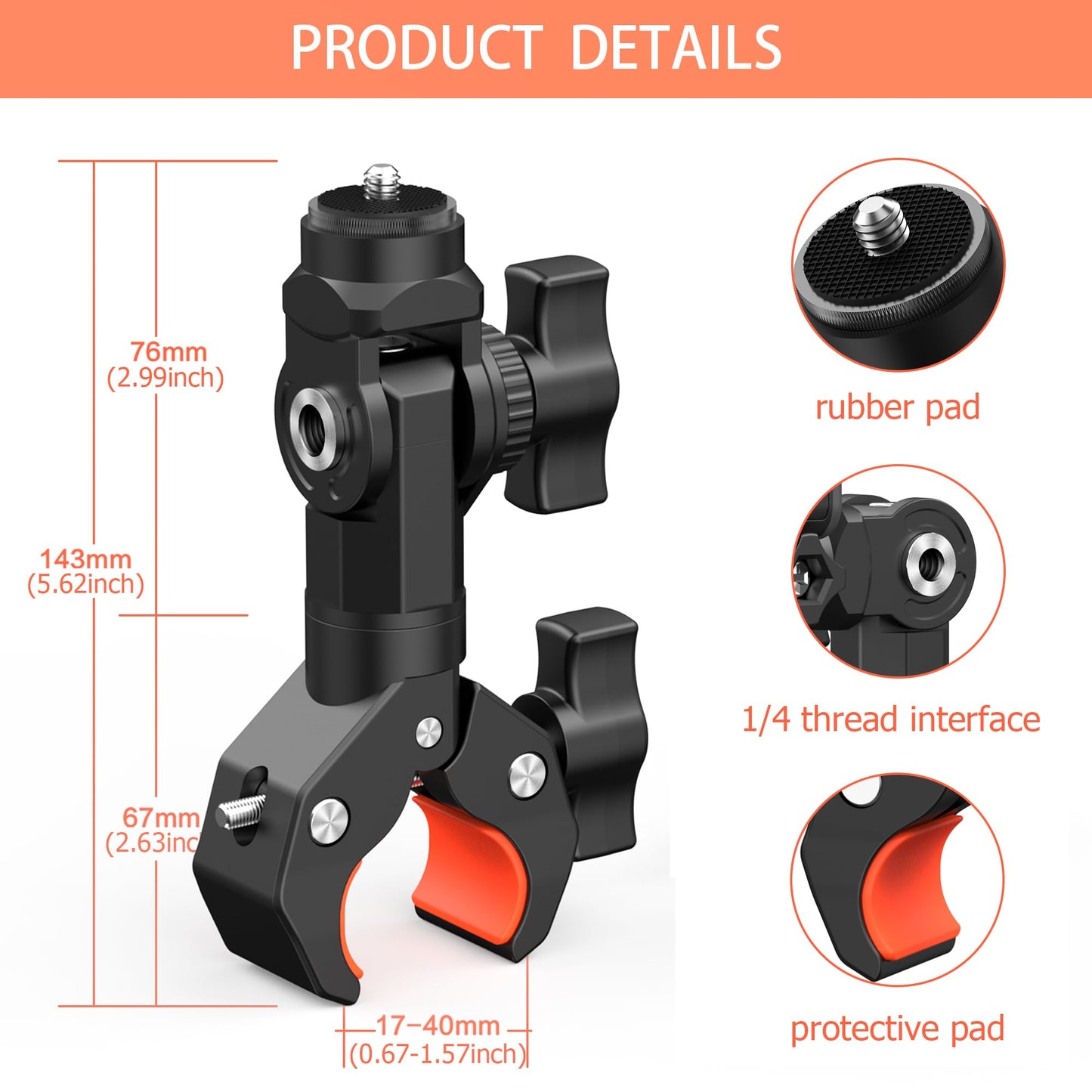 Bike Motorcycle Handlebar Camera Clamp Mount for Gopro Insta360 X5 X4 X3 X2 ONE RS R Mevo Start DJI Action Cameras, Super Clamp Bracket with 1/4"