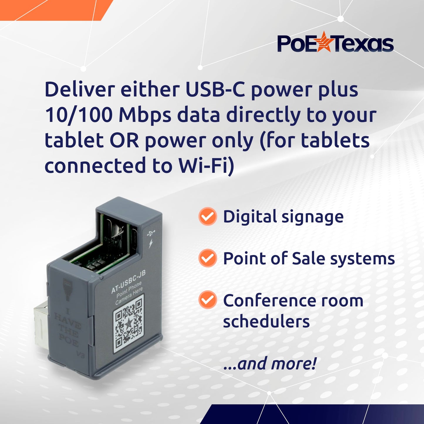 PoE Texas PoE+ Power and Data Adapter for USB-C Tablets & Devices for POS, Digital Signage, & More - 802.3at POE+ to USB-C Power Delivery - Extends
