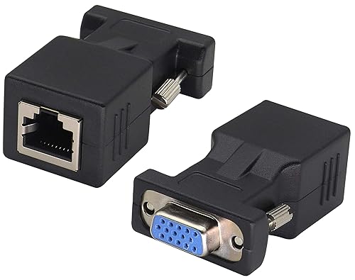 AAOTOKK 2-Pack RJ45 to VGA Adapter, 15-Pin VGA Female to RJ45 Female Port Cat5 Cat6 Cat7 Ethernet Support 720P, 1080I, 1080P Analog High-Definition
