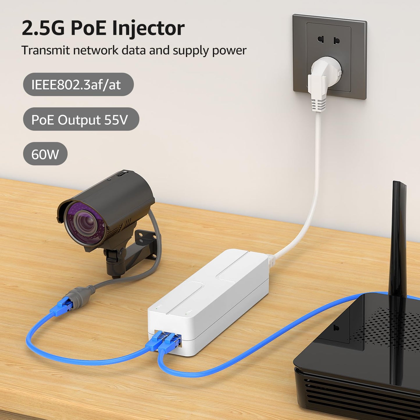 YuanLey 2.5G PoE Injector 60W, PoE+ Injector Converts Non-PoE to PoE+, 55V IEEE 802.3at/af, 10/100/1000/2500Mbps Ethernet PoE Adapter Plug & Play