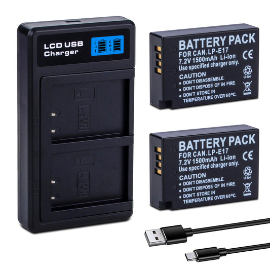 2-Pack LP-E17 Battery with Rapid Dual USB Charger for Canon EOS R100 R50 RP R10 R8, Rebel T8i, T7i, T6i, T6s, SL2 SL3, M3, M5, M6, 77D 200D 250D 750D