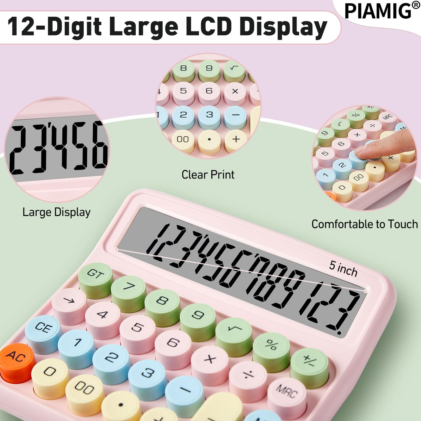 PIAMIG Desktop Calculator with Large LCD Display, 12 Digits Big Button Easy to Use Auto Power Off Basic Calculator for Home, Office & School (Pink)