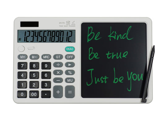 Desk Calculator Large Display with 7'' Erasable Writing Pad, 12 Digits Large Screen Display Jumbo Calculadora, Solar & Battery Powered Big Button