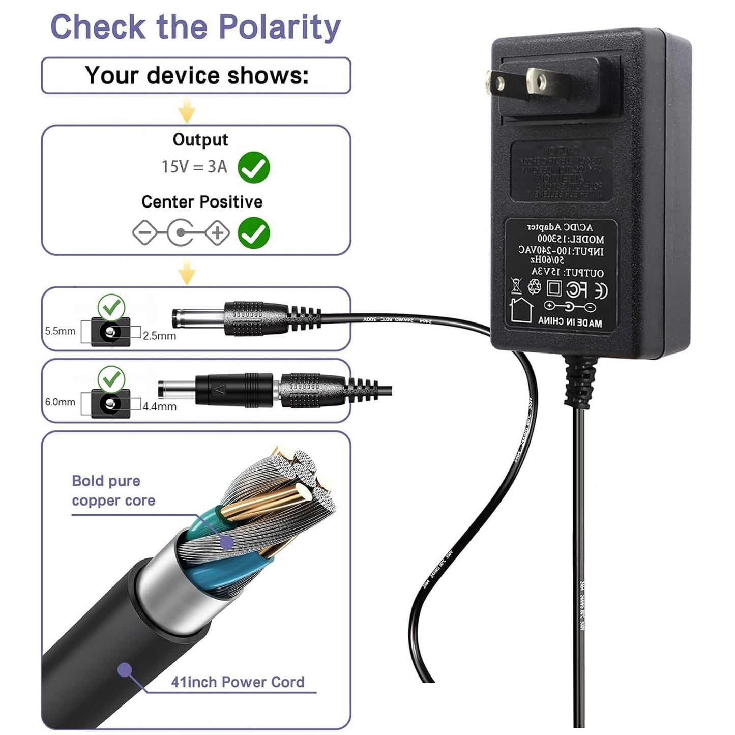 15V 3A 6FT Power Supply Adapter Charger Cable (Input AC 100V-240V, Output DC 15 Volt 3 Amp 45 Watt) Adapter Transformer Converter DC 5.5mm x 2.1mm…
