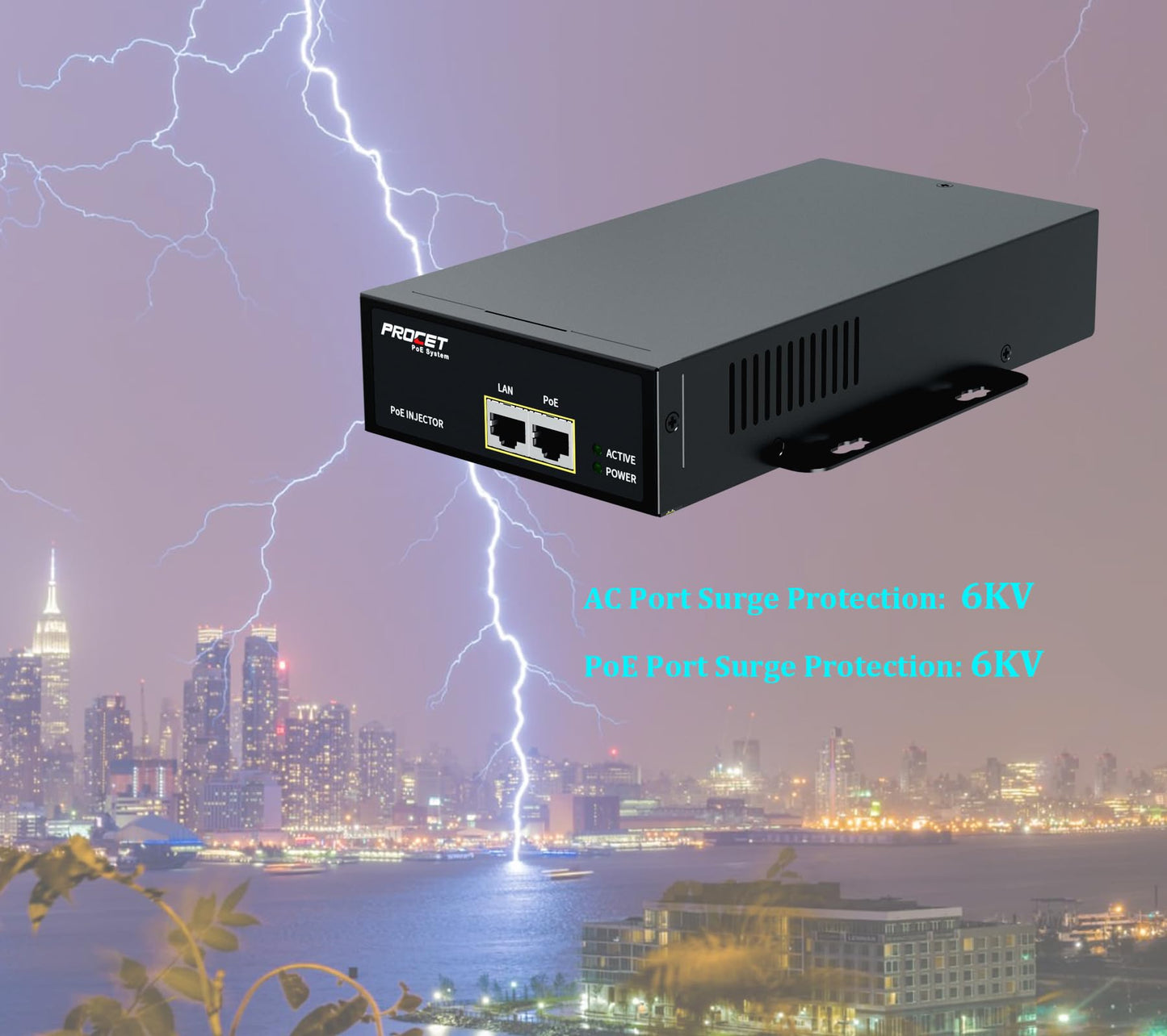 PROCET PoE Iniector 75W Active PoE++ Industrial Grade Gigabit PoE Power Injector, 6KV Surge Protection, -40°F to 149°F for PTZ Camera, Wireless AP
