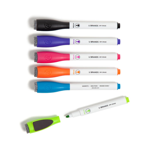 U Brands Fine Tip Dry Erase Markers with Eraser, Low Odor Whiteboard Markers Fine Tip, Assorted Bright Colors, Set of 6