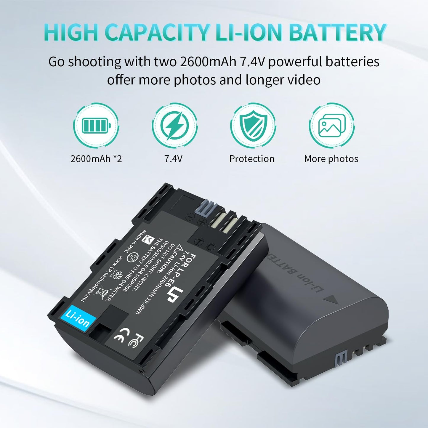 LP LP-E6 E6N Battery Charger Pack, 2-Pack 2600mAh Battery & Dual Charger Compatible with Canon EOS R, R5, R6, 90D, 80D, 70D, 60D, 60DA, 5D Mark II