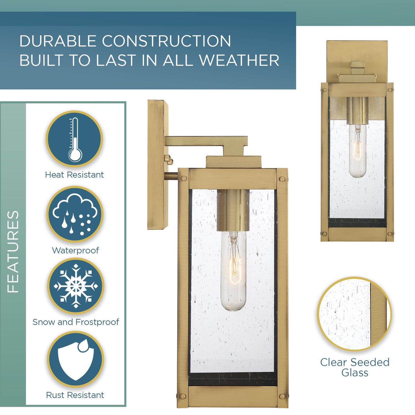 Quoizel Westover Modern Wall Sconce, 14.25 Inch Antique Brass 1-Light Outdoor Light Fixture, Clear Seeded Glass Wall Lantern, 100 W, Industrial Design