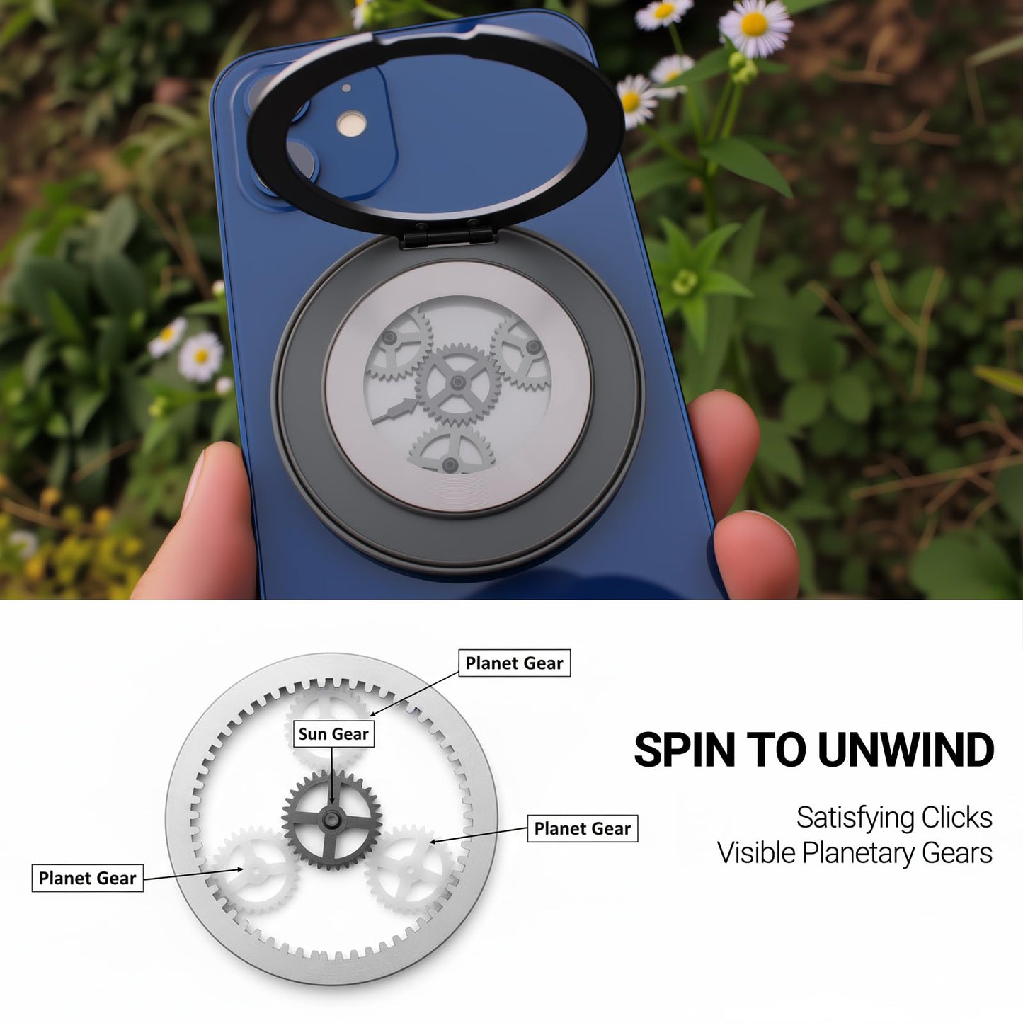 Planetary Gear Fidget Grip for MagSafe, Kinetic Art EDC Gadget, Mechanical Ring Stand with ASMR Clicks, Cool Tech Gift for iPhone 17-12 Series