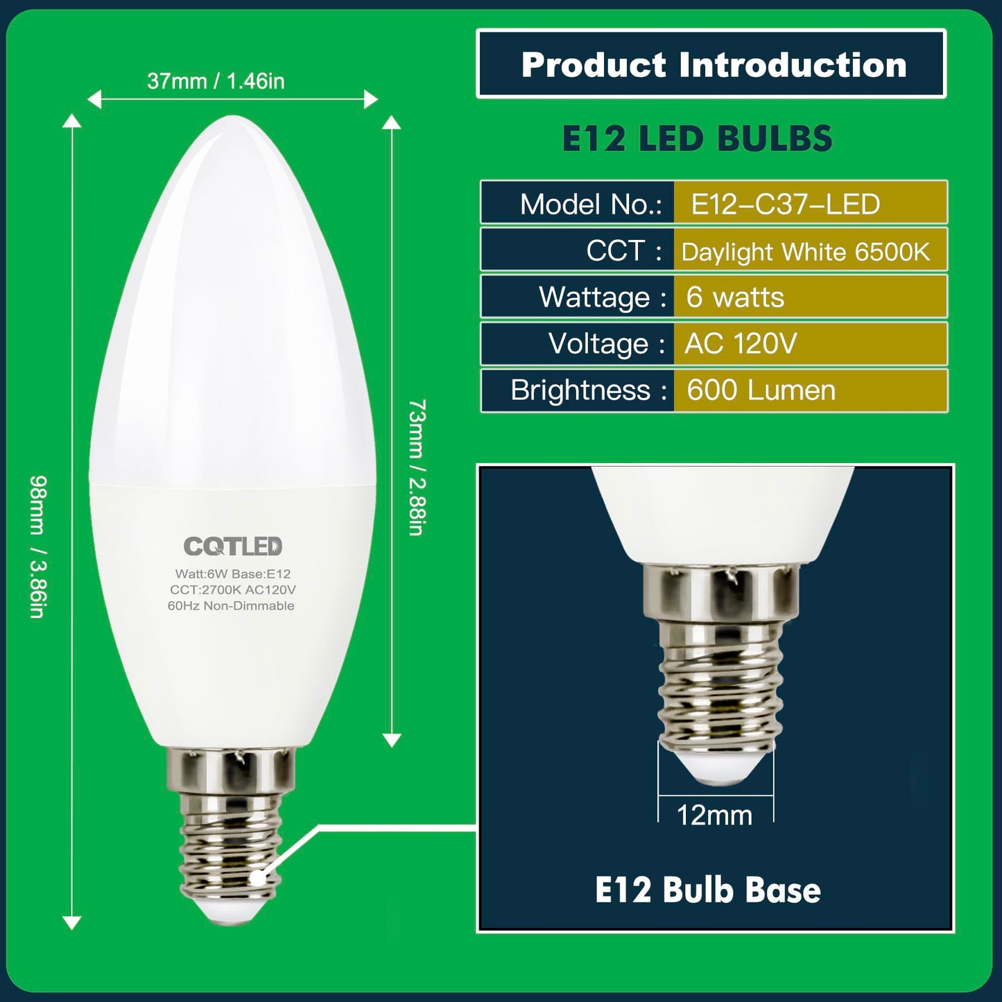 CQTLED E12 LED Candelabra Light Bulbs,60 Watt Equivalent,600LM,6W Daylight White 6500K,Type B Shape Light Bulb,Non-Dimmable B11 & C37 Small Base led