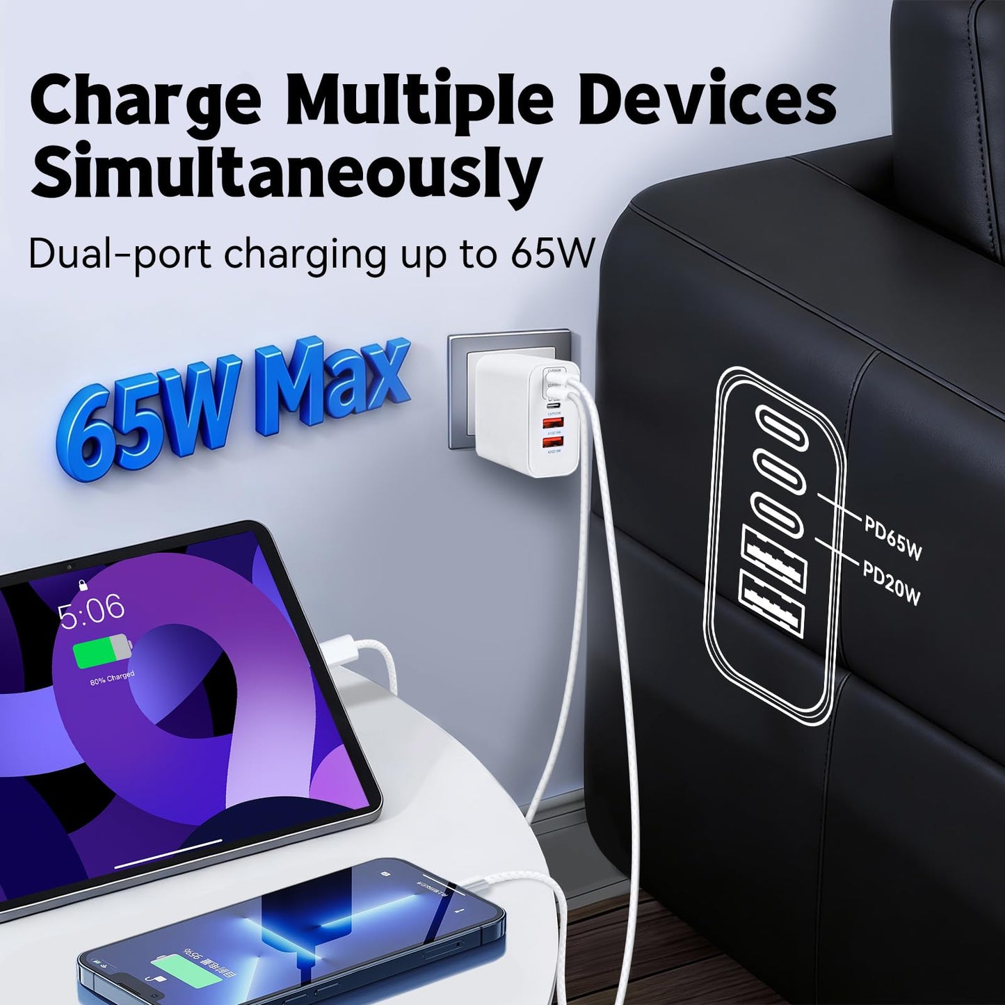 100W High Speed USB-C Fast Charging Charger Kit, 2 Pack 6.6 Foot Durable Woven Type C Cable with 5-Port Multi Port Wall Charger Block Compatible