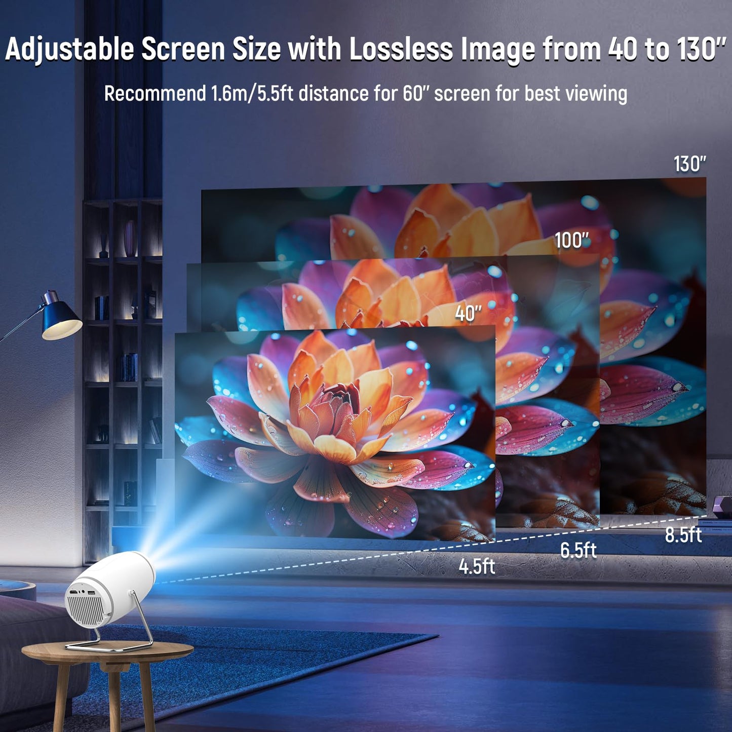 Mini Projector, Projector with WiFi and Bluetooth, 4K 1080P Support Portable Projector 180° Rotatable 130'' Screen Movie Projector Auto Keystone