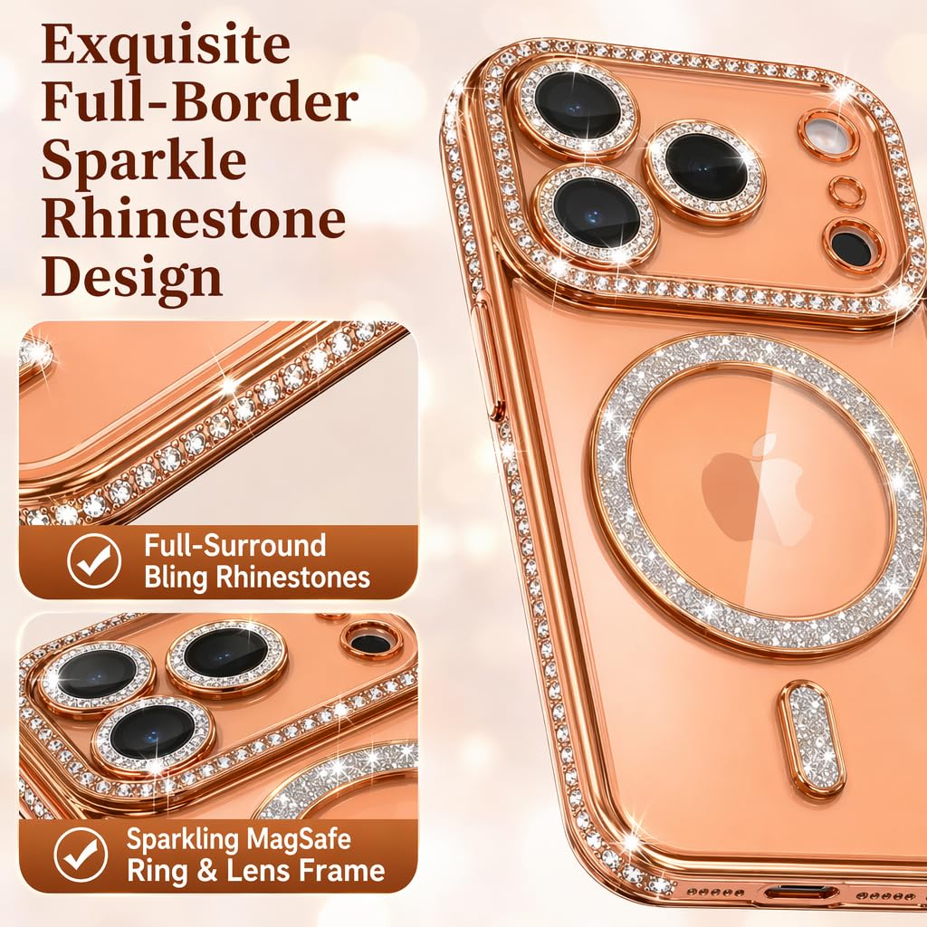 Doulings Magnetic Glitter Diamond for iPhone 13 Pro Max Case[Compatible with MagSafe]Sparkle Rhinestone Camera Lens Protector Plated,Crtstal Clear