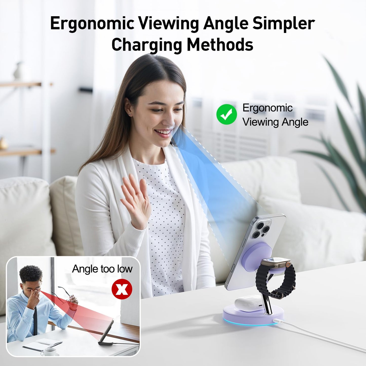 ?Adjustable Blue Ambient Light? Wireless Charger 3 in 1 for iPhone, Magnetic Charging Station for Apple Family,15W Fast MagSafe Charger