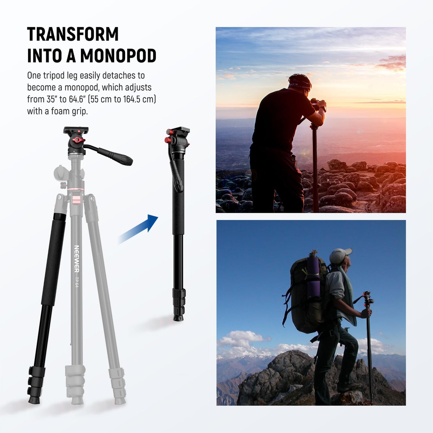 NEEWER Overhead Horizontal Camera Tripod Monopod with Fluid Head & Flexible Center Column, 90 Inch Tall Metal DSLR Video Travel Stand, Arca Type QR