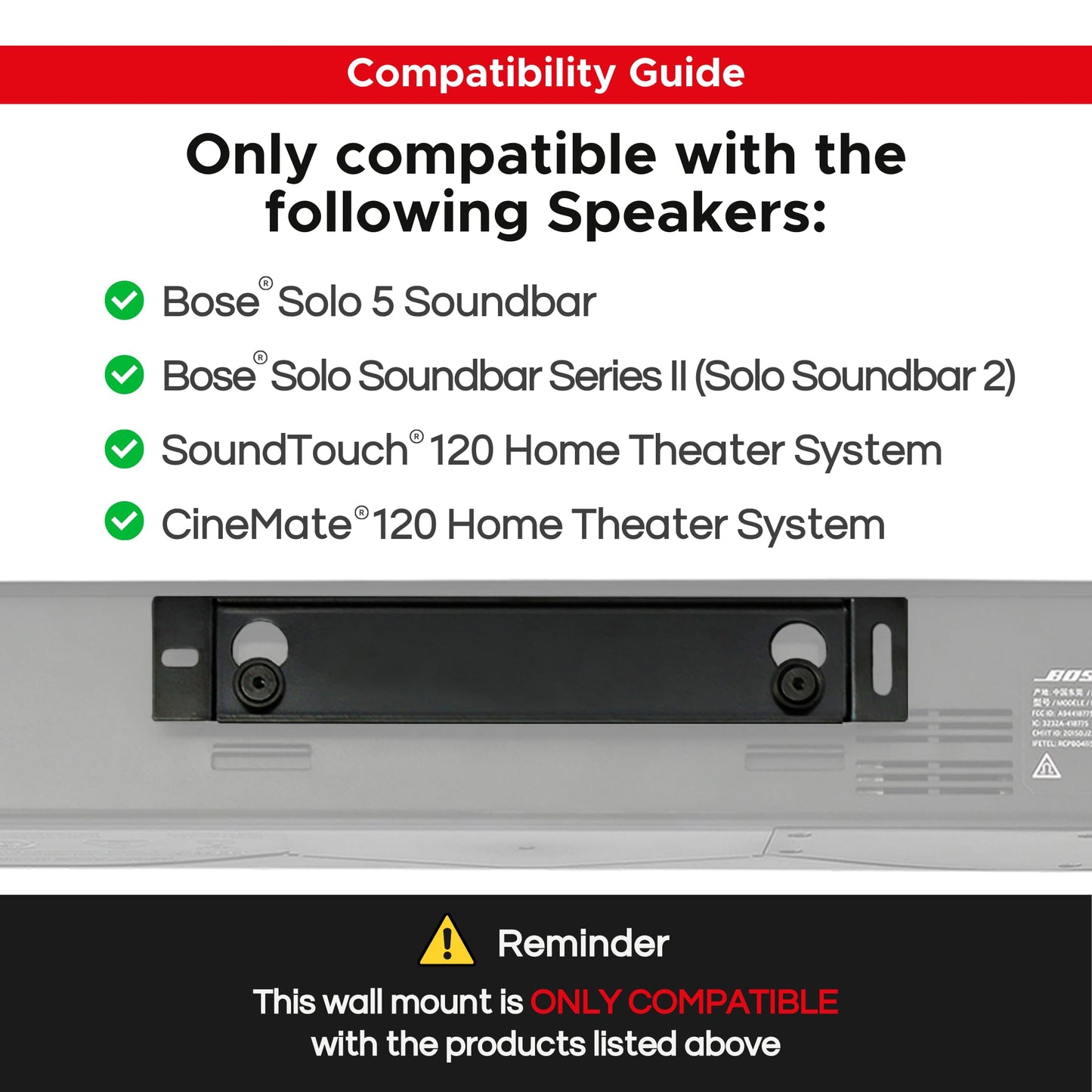 Sound Bass Solo 5 Wall Mount Bracket for Bose Solo5 Soundbar, Compatible with Solo Soundbar 2 Sound Bar Series II, Complete Kit with All Mounting