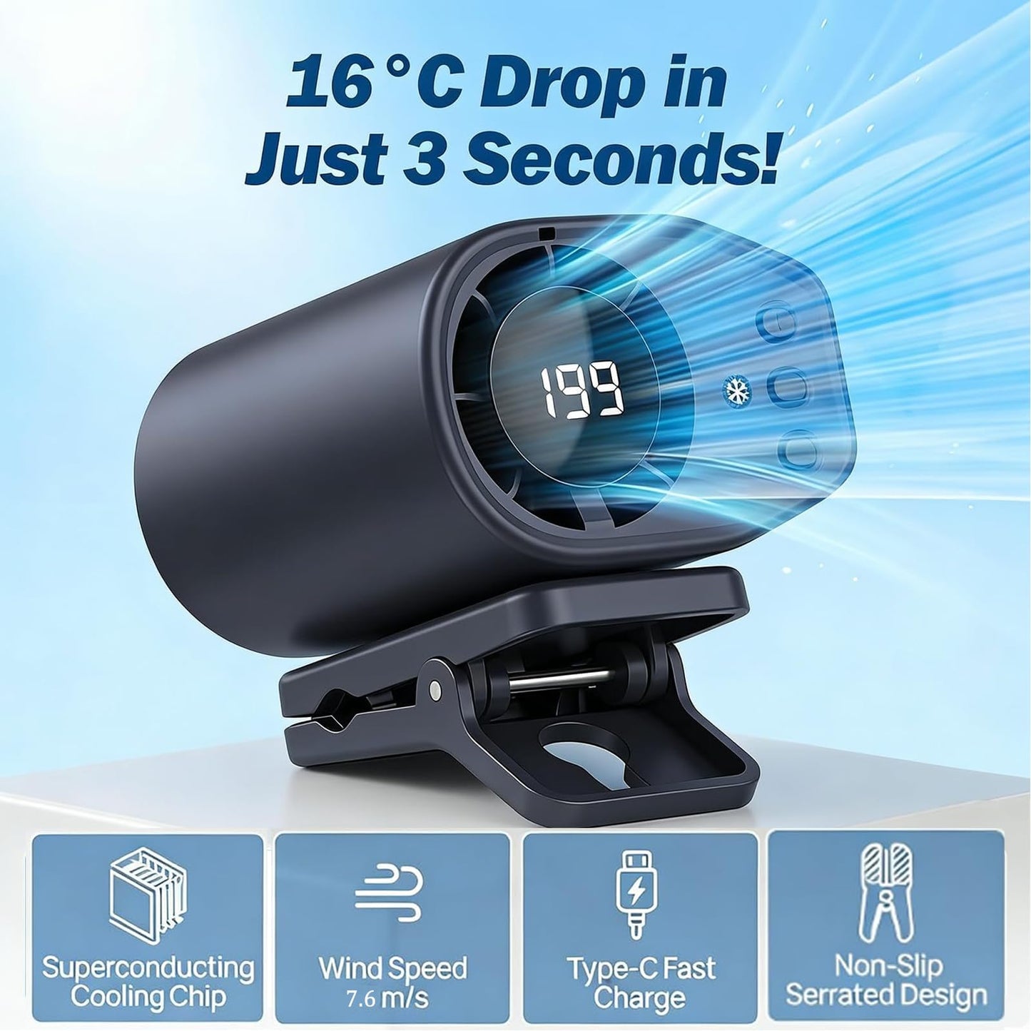 2026 Car Clip on Fan Air Conditioner with 199 Speeds, LED Display & 360° Rotation, 1500mAh Battery, 16°C Cooling, Wide Clip for Car Vent, Desk
