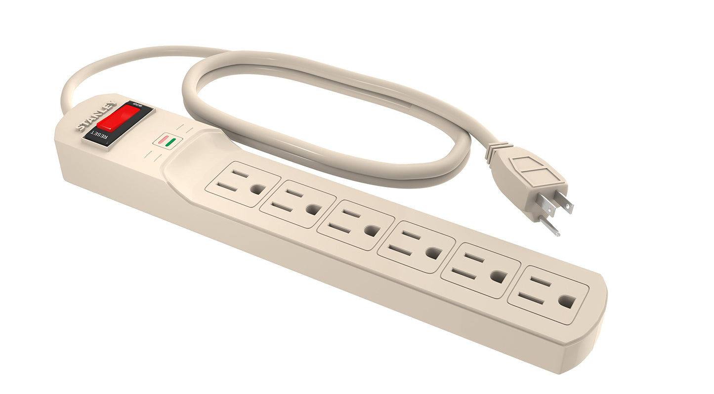 Stanley Surge Protector Power Strip 6 Outlets 800 Joules 3 Ft 14/3 AWG Cable 125V/15A 1875W Circuit Breaker Surge Indicator Light Mountable Beige