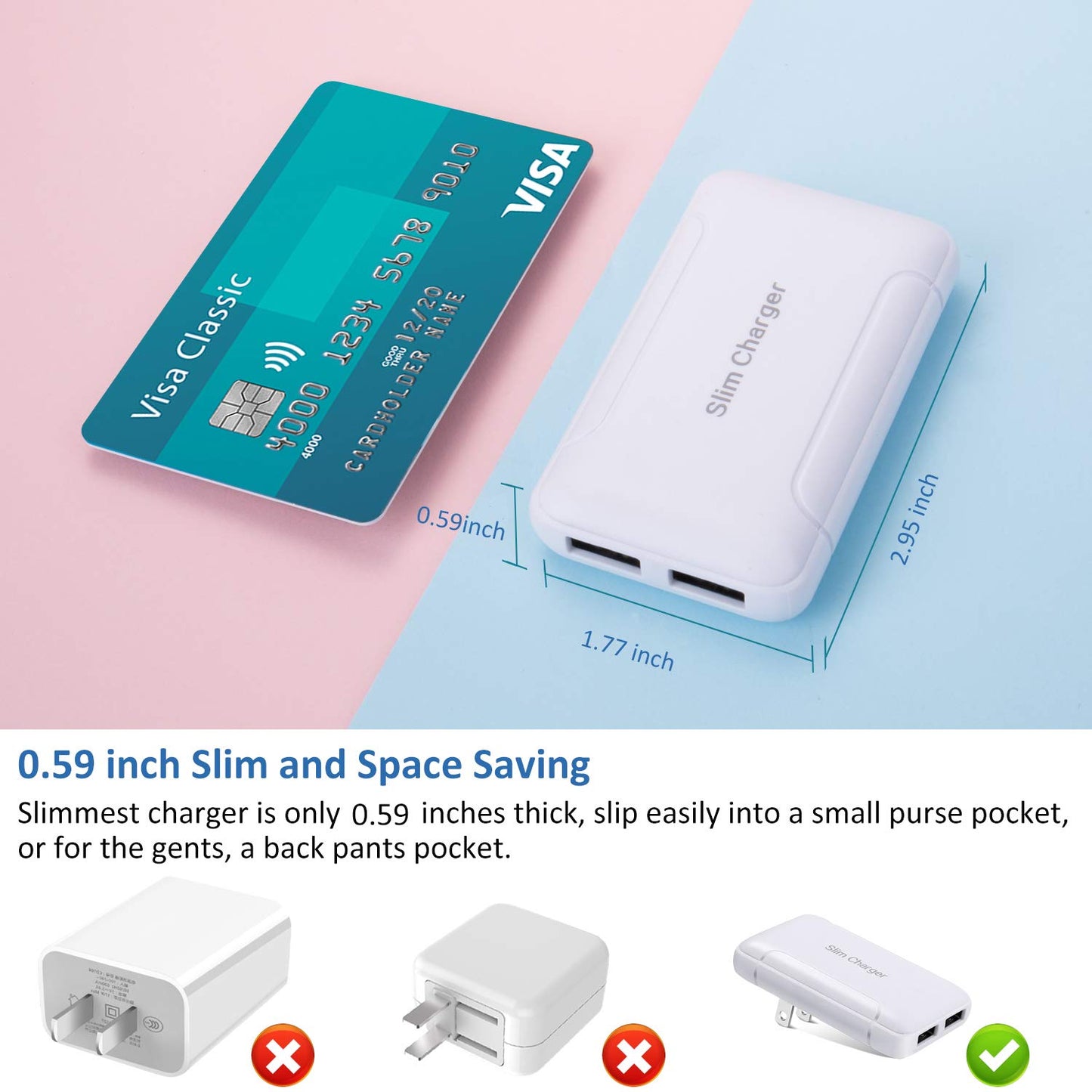 Slim Wall Charger, 2 Pack 3A/5V Dual Port USB-A Wall Charger with Foldable Plug, Flat Double USB Wall Plug Portable Fast Charging Block for iPhone