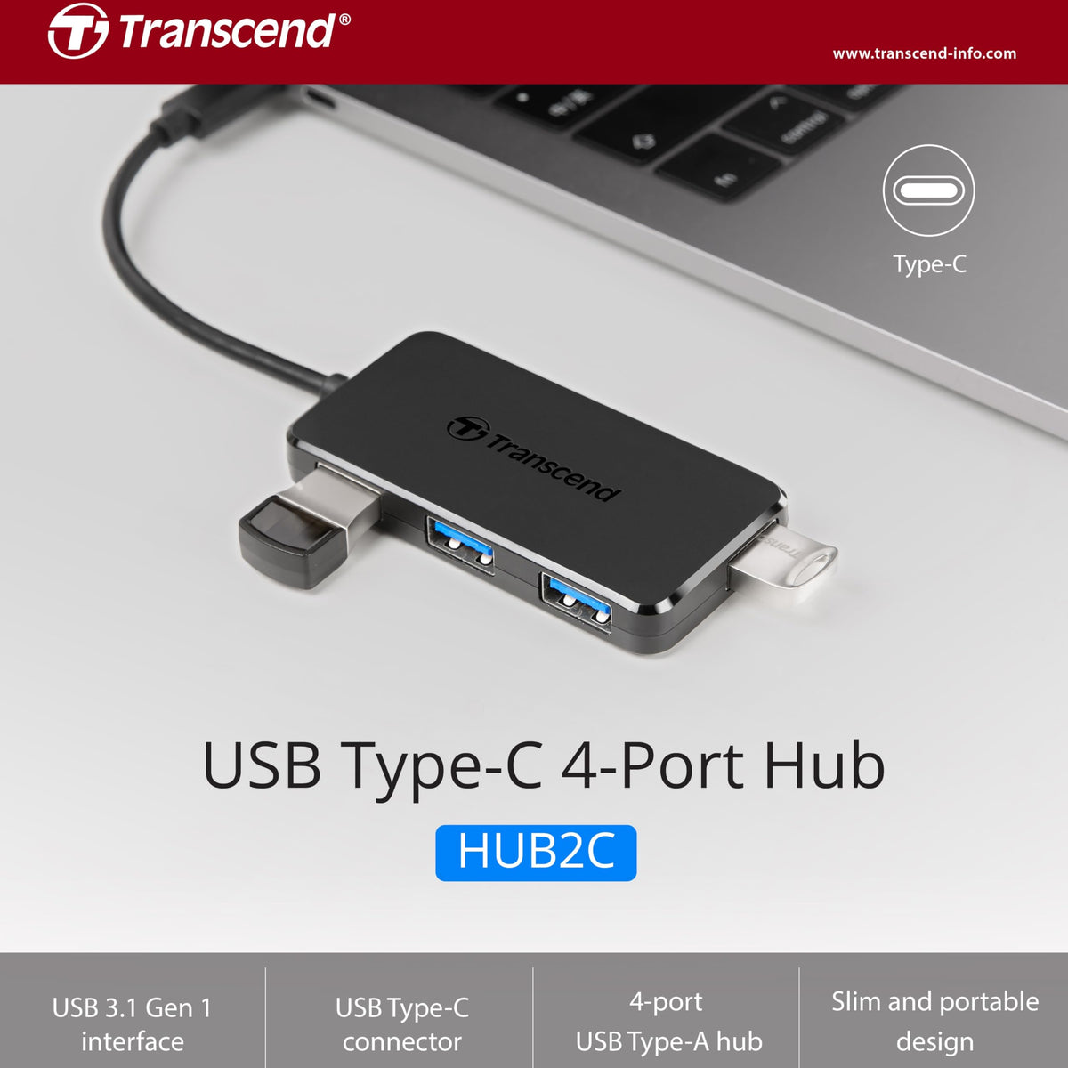 Transcend HUB2 USB 3.0 Hub, 4 Ports USA A, USB 3.1, Ultra Slim, 10cm Cable