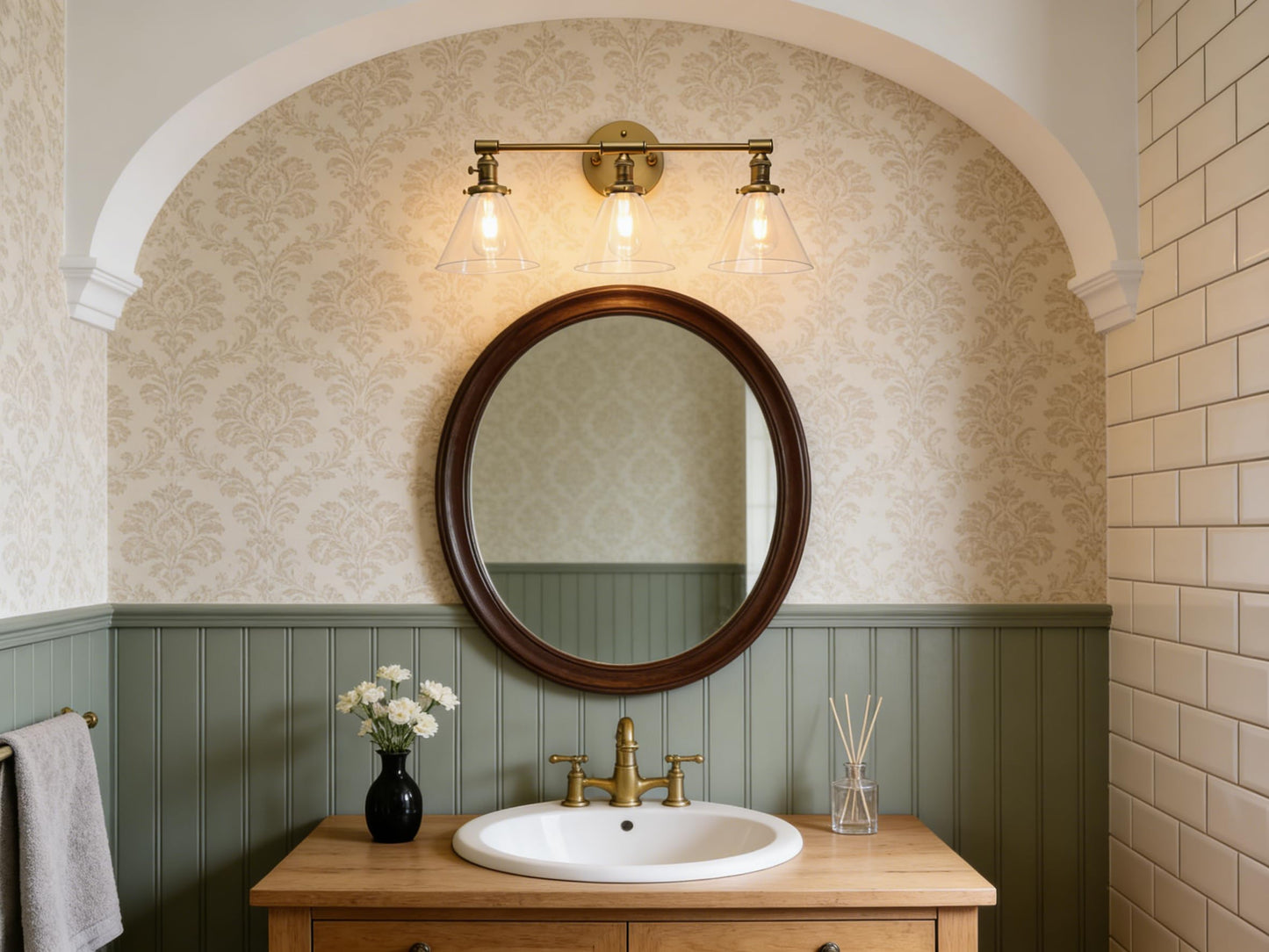 Phansthy 3-Light Wall Sconces Antique Brass Vanity Light, Industrial Wall Lamps with On Off Switch and Clear Glass Lampshade, Vintage Wall Lighting