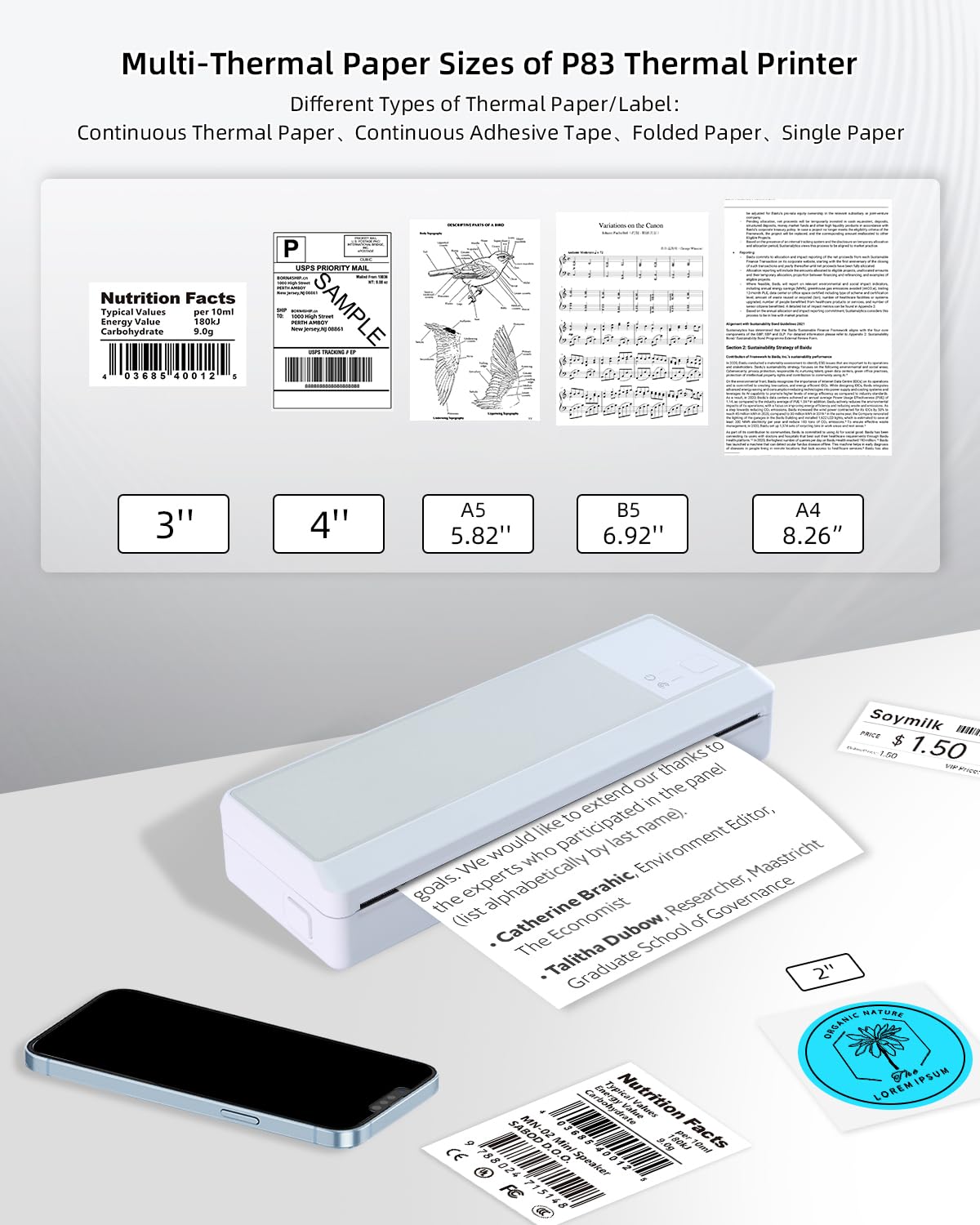 BORN4SHIP Portable Bluetooth Printer - Wireless Thermal Printer, Support Multi-Size Thermal Paper, Compatible with Android and iOS Phone & PC, 300DPI