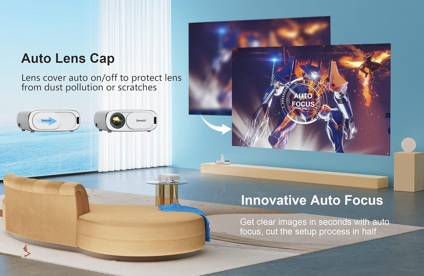 [AI Auto Focus/Auto Lens Cap] Outdoor-Projector-4K with WiFi 6 and Bluetooth: 1500 ANSI Portable Projector with Auto 6D Keystone & Zoom, Jimveo Native