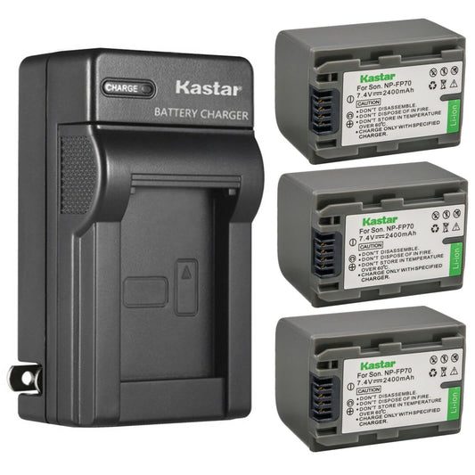 Kastar 3-Pack NP-FP70 / FP71 Battery and AC Wall Charger Replacement for Sony NP-FP50 NP-FP51, NP-FP60, NP-FP70 NP-FP71, NP-FP90 NP-FP91 Battery, Sony