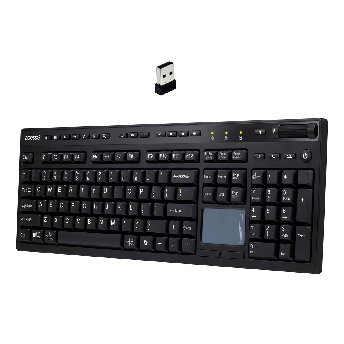 Adesso Wireless Keyboard with Touchpad 104 Key Full Size USB Dongle Receiver Multi OS Support Works with MacOs System & Multimedia Hotkeys Volume