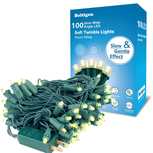 Boltigen Soft Twinkle Lights, 100LED Slow Twinkling, 5mm Wide Angle Christmas Lights, UL Certified 27 Ft Extendable for Home Garden Indoor Outdoor Use
