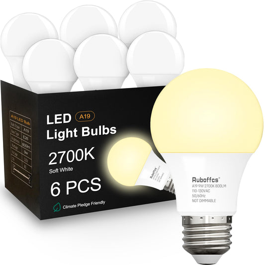 Ruboffcs 6 Pack A19 LED Light Bulbs,Soft White 2700K,60 Watt Equivalent