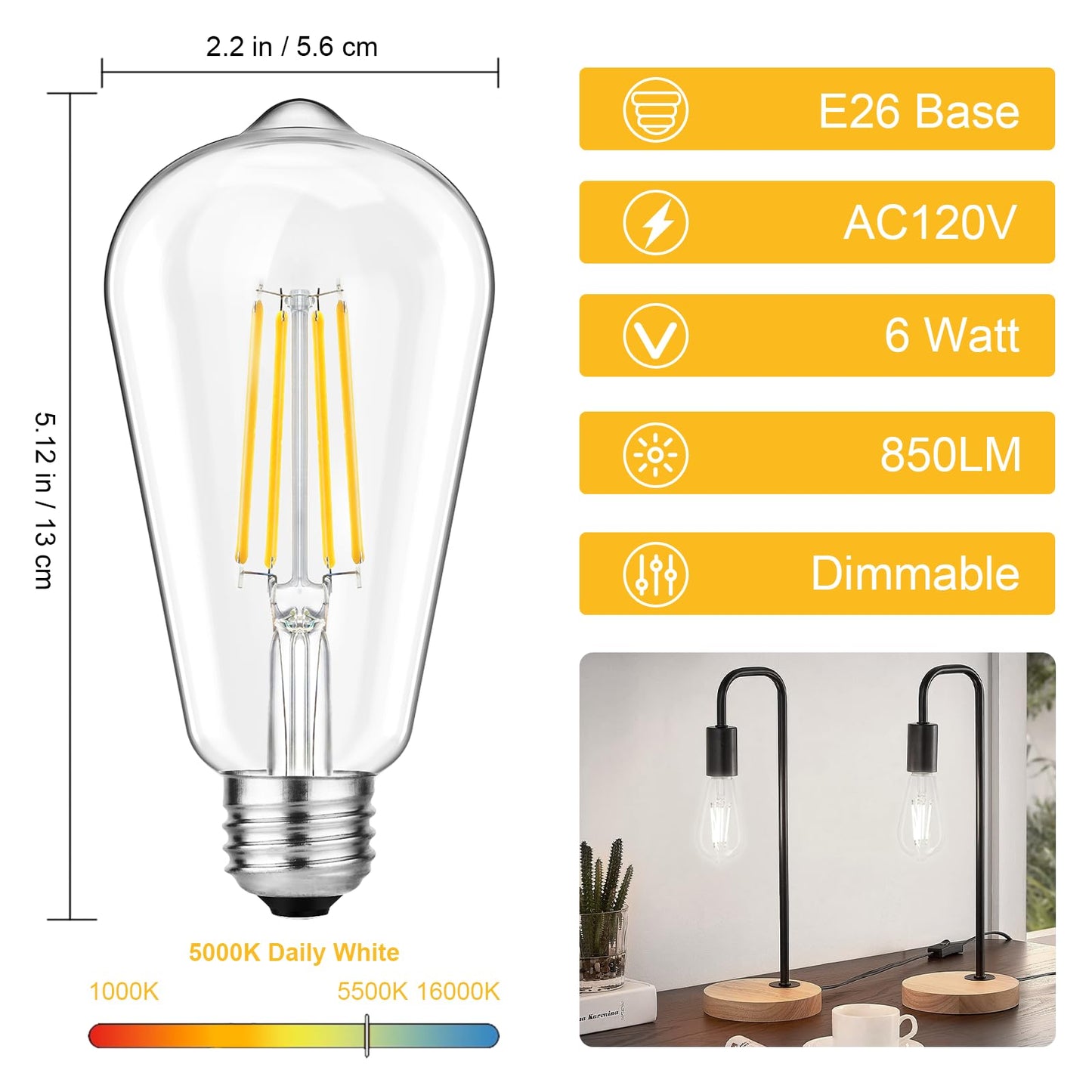 Svater Vintage LED Edison Bulbs 60W Equivalent, 6W ST58 5000K Daylight White Antique LED Filament Bulbs, E26 Medium Base, Clear Glass Style for Home