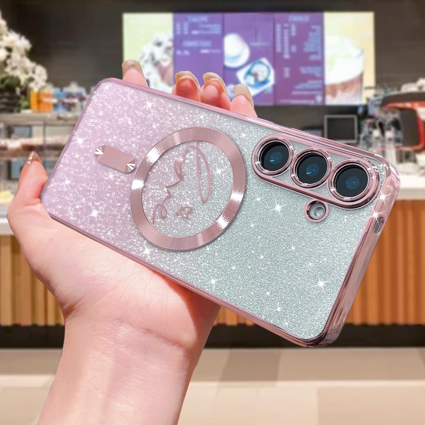 ZONRW for Samsung Galaxy S26 Case Magnetic,for Women Girl Soft Cute Luxury Love Heart Plating Bling Gradient Glitter Clear Phone Case Compatible