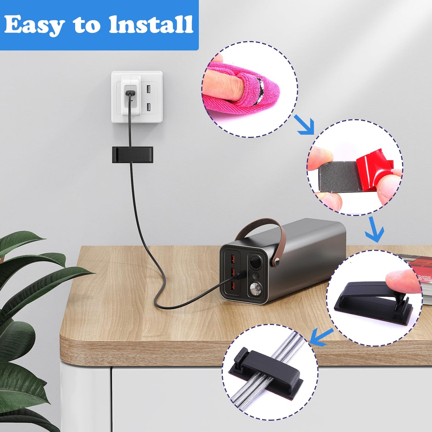 CACASO 50 Pcs Cable Clips,Self Adhesive Cable Management Clips, Adhesive Wire Clips,Cable Organizers Cord Holder for TV Ethernet Cable Under Desk Home