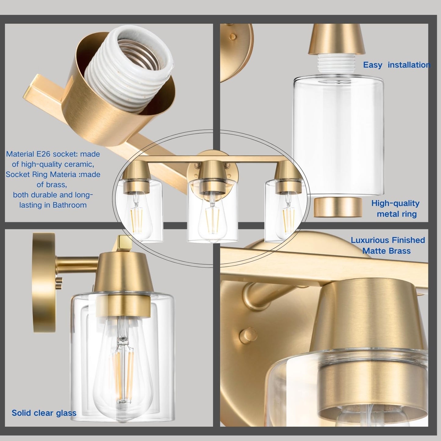 CRAFTRONOS Modern Wall Sconces Lighting with Brass Finished Clear Glass Shade, Matte Gold 3 Vanity Light Over Mirror, Industrial Bathroom Light